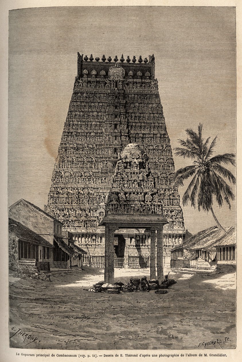 The main gopuram of the temple of Rama a Combaronum, composed of 11 floors, and topped by 11 balls, the various faces of this pyramidal tower are completely covered with statues.Engraving to illustrate the journey to the meridional provinces of India, by A by Unknown artist