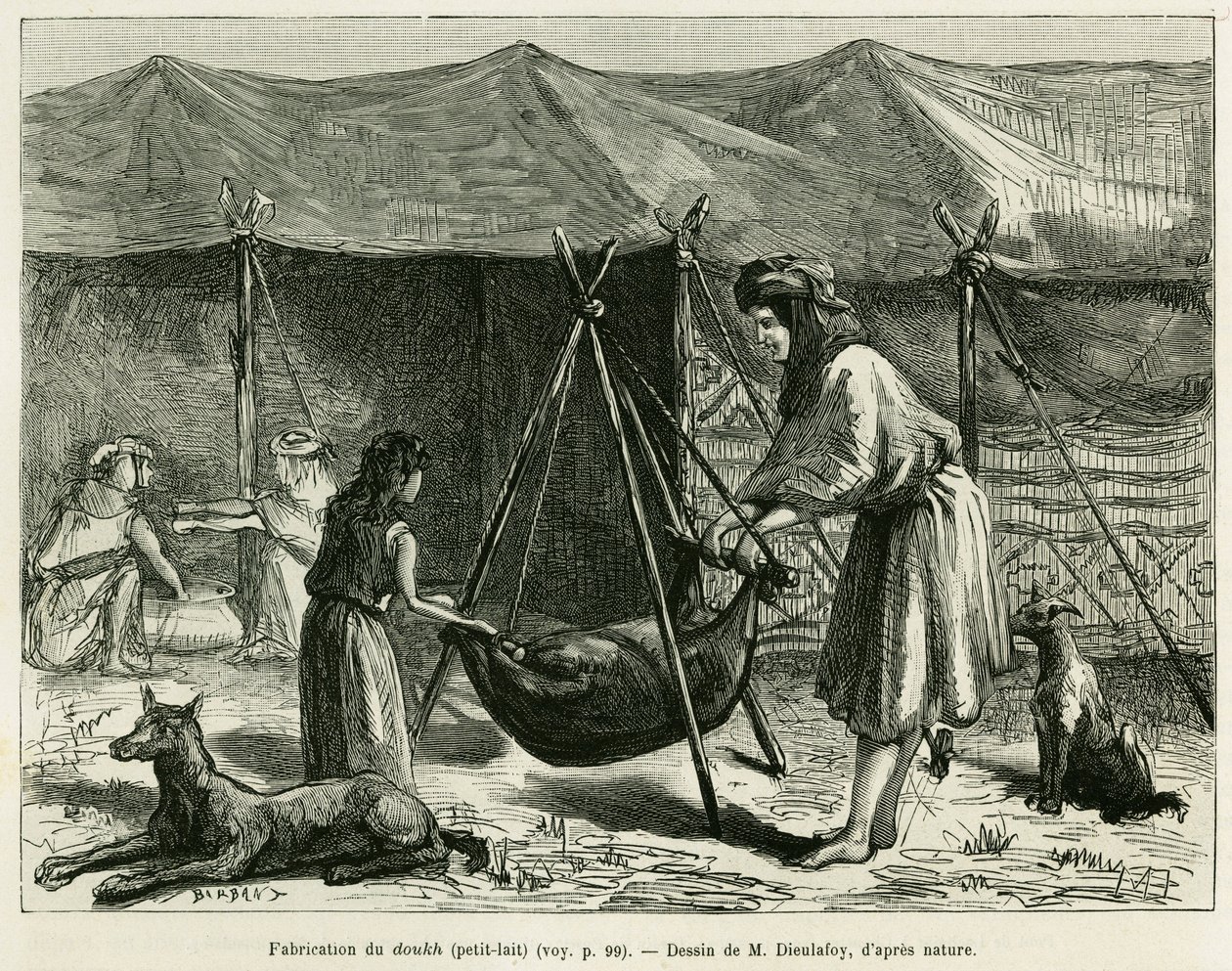 The manufacture of milk by the women of shepherds of the Karoun region. Engraving to illustrate the story 