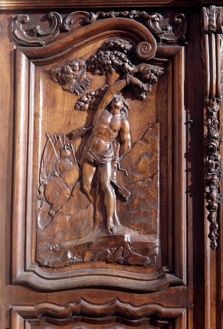 The martyrdom of Saint Sebastian, (detail) of the carved wooden door of the church of the immaculate conception, Menton by Unknown artist