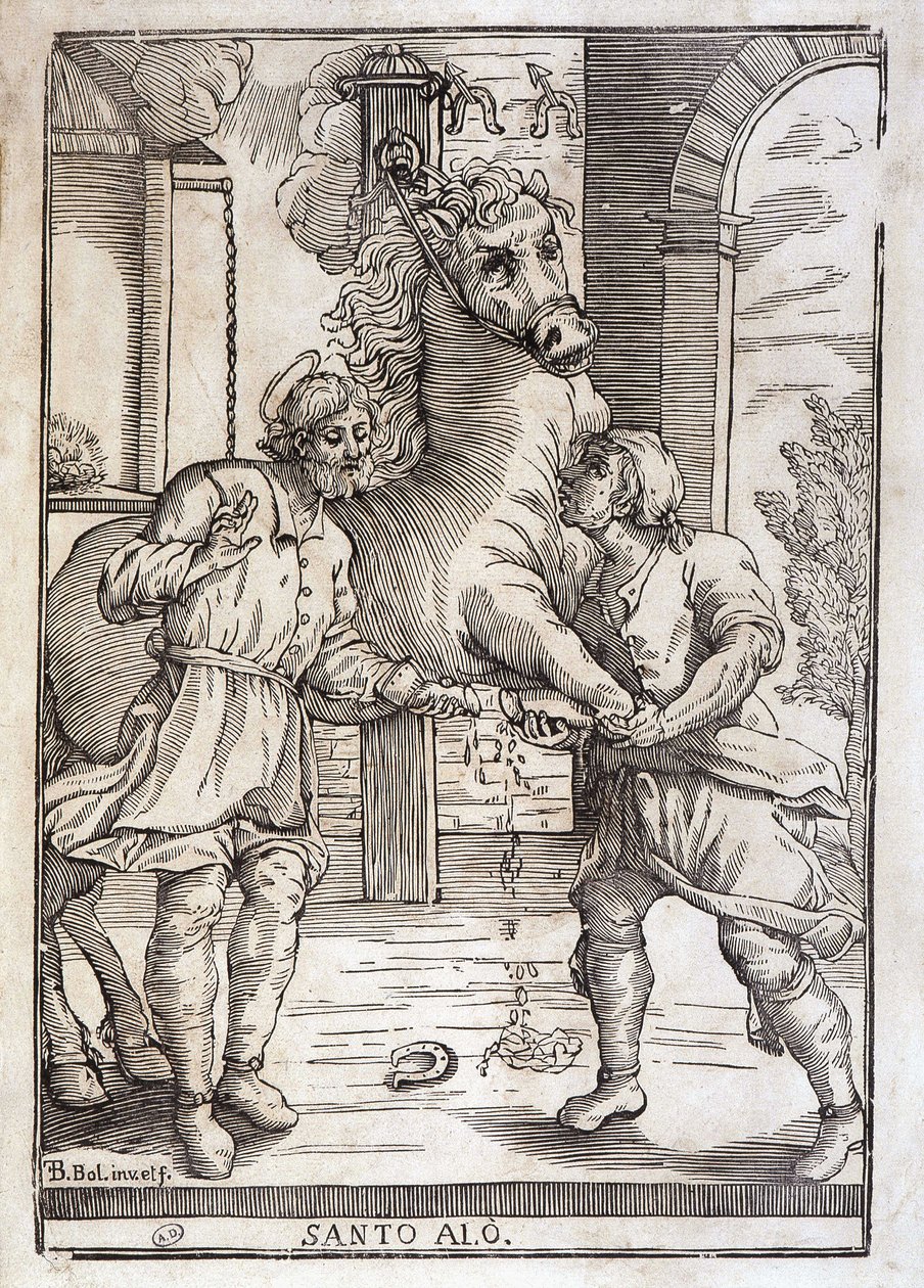 The miracle of Saint Eloi (healing an amputee horse) - engraving by Unknown artist