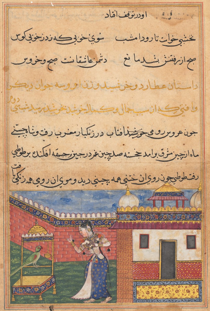 The parrot addresses Khujasta at the beginning of the thirty-second night, from a Tuti-nama (Tales of a Parrot) by Unknown artist