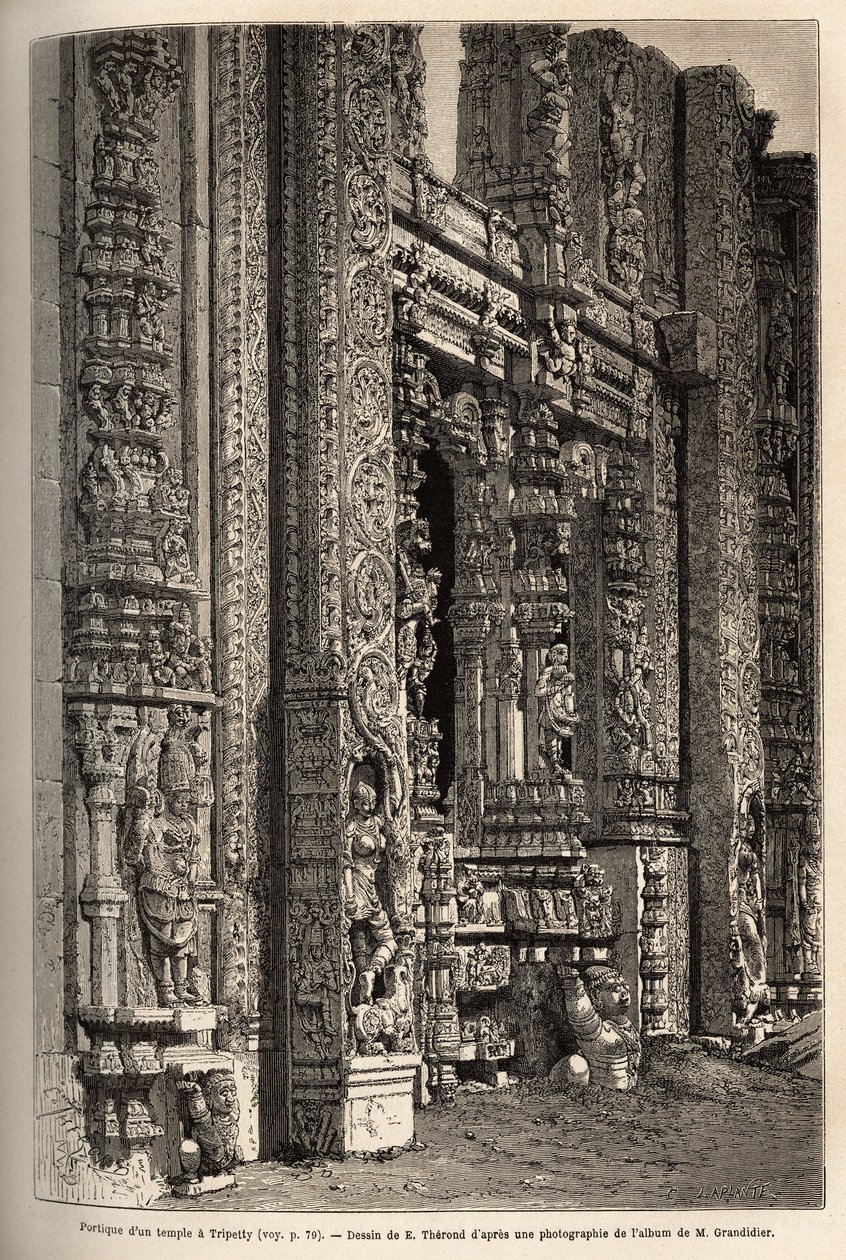 The portico carved of a temple in Tripetty (or Tirupati, in Andhra Pradesh), an important place of Hindu pilgrimage. Engraving to illustrate the journey to the meridional provinces of India by Unknown artist