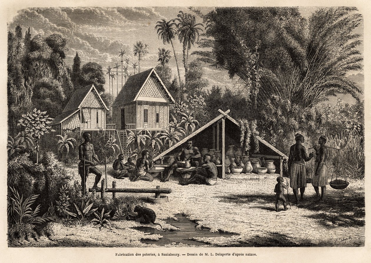 The production of pottery in Saniaboury (Laos). Engraving to illustrate the voyage of exploration in Indochina, by Francis Garnier, lieutenant de Vaissseau, in 1866-1868, published in “Le tour du monde” 1870-1871, edited by Edouard Charton by Unknown artist