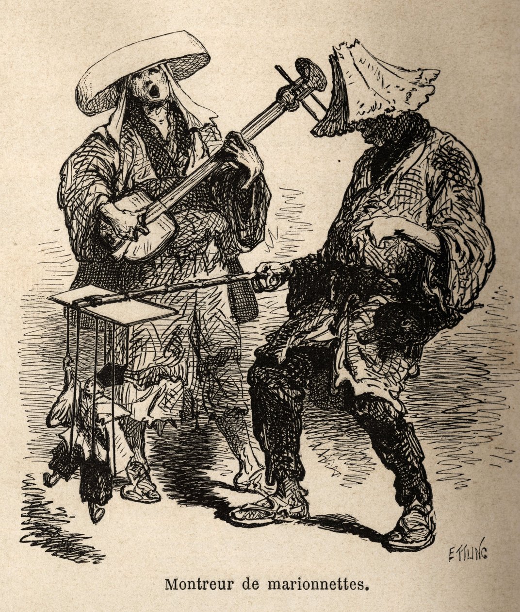 The Puppetry Show and the Musician Who Accompanies Him for Street Entertainment. Engraving to Illustrate the Journey to Japan, by Aime Humbert, Minister of the Swiss Confederation, in 1863-1864, Published in Le Tour du Monde, Nouveau Journal des Voyages by Unknown artist
