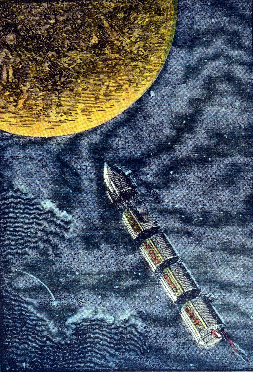 The Rocket Launched into Space Arriving at the Moon - Engraving in “From the Earth to the Moon” by Jules Verne by Unknown artist