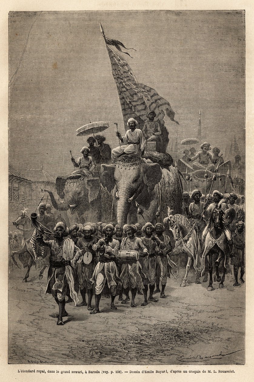 The royal banner, in the sowari (military procession), in Baroda (or Vadodara), state of Gujarat on the north-east coast of India. Engraving to illustrate the voyage in India of the Rajahs by Unknown artist