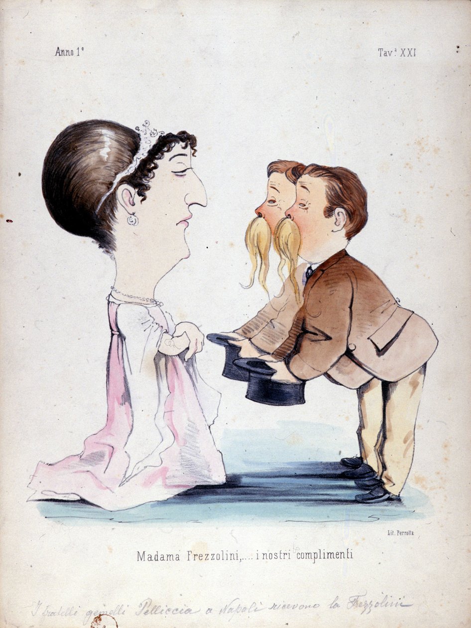 The twin brothers Pelliccia received Erminia Frezzolini, the Italian soprano (1818-1884). Cartoon from the 19th century by Unknown artist