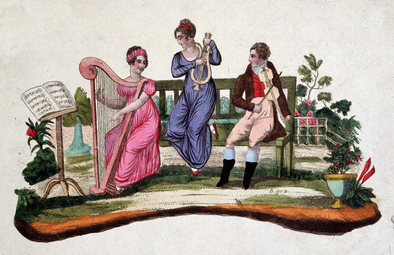 Three people playing musical instruments in a garden: harp, lyre, viola. Etching of the 18th century. by Unknown artist