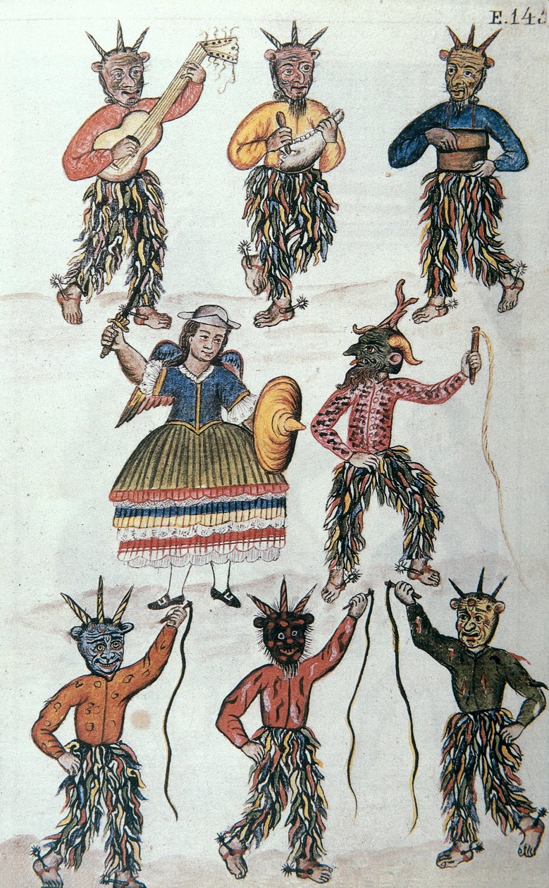 Traditional dance of the Diablicos in Peru, from the book Trujillo del Peru or Codice Martinez Compañón, by Baltazar Martinez Compañón y Bujanda, bishop of Trujillo (1782-1785) by Unknown artist