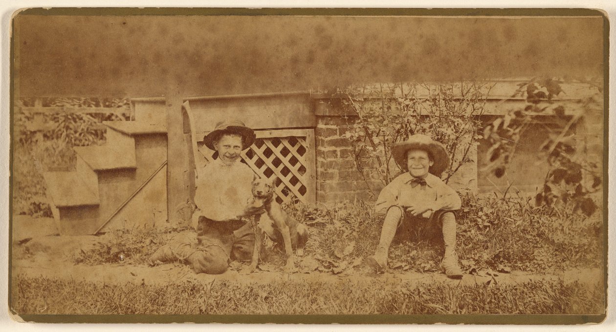 Two Boys Seated on Ground with a Dog by Unknown artist