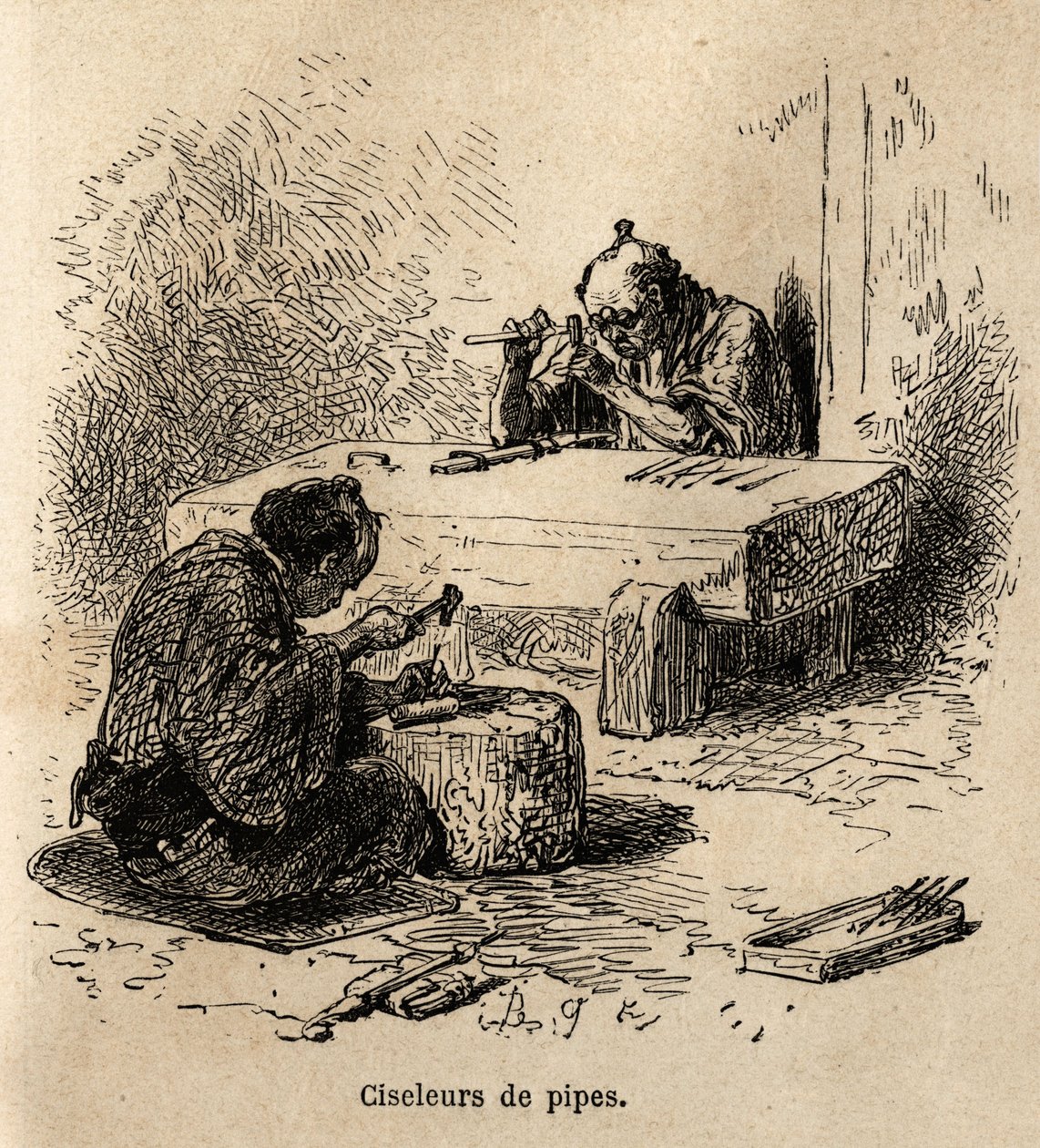 Two workers, each with a hammer and a punch, are carving metal pipes in their workshop. Engraving to illustrate the journey to Japan, by Aime Humbert, minister of the Swiss Confederation, in 1863-1864, published in 