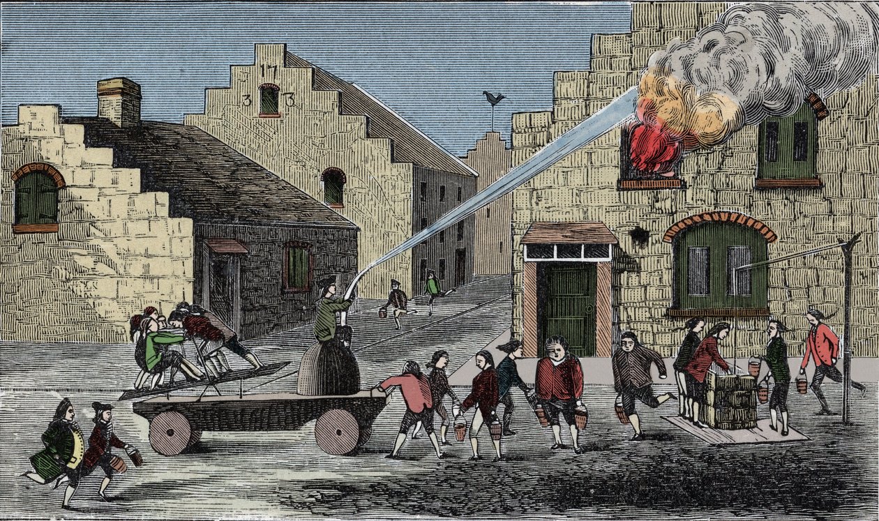 Use of a fire pump to extinguish a fire. 1733 engraving. by Unknown artist