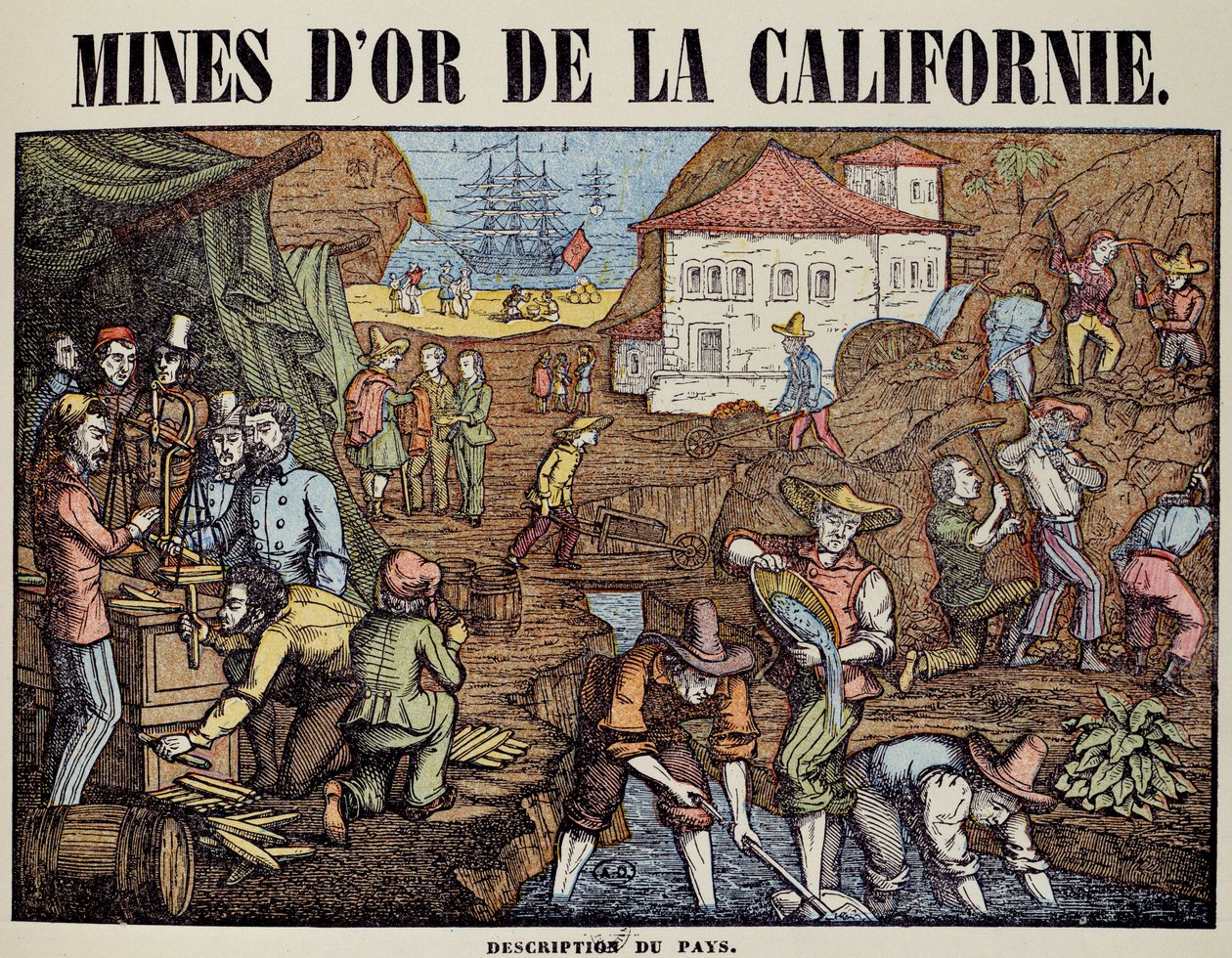 Various Activities of a Gold Mine in California: Search for Nuggets, Weighing, Buying, Leaving the Goods by Unknown artist