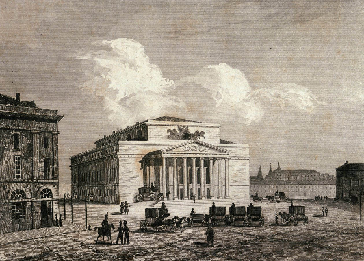 View of the Bolshoi Theatre in Moscow, Russia in 1838. Engraving of the 19th century by Unknown artist