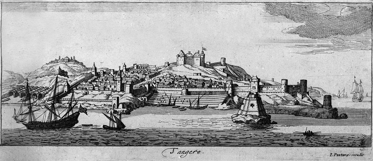 View of the fortified city of Tangier and the coast, Morocco. 18th century engraving by Unknown artist