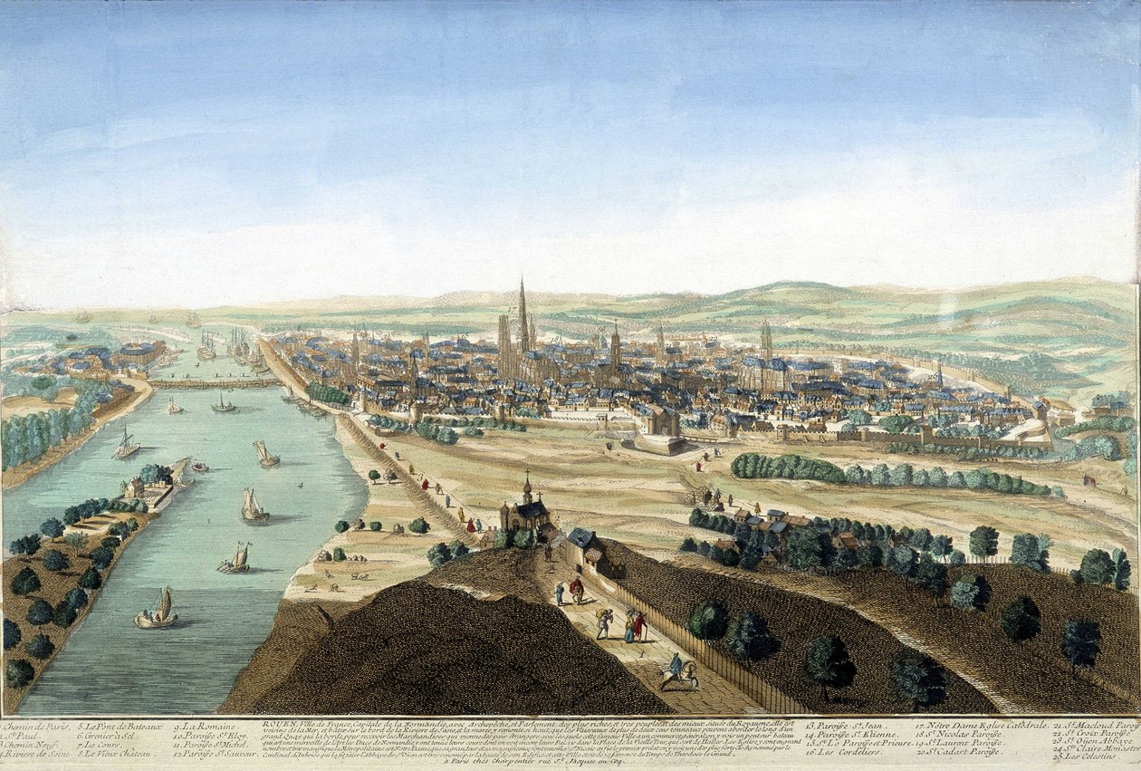 View of the port and the city of Rouen; Engraving of the 18th century by Unknown artist