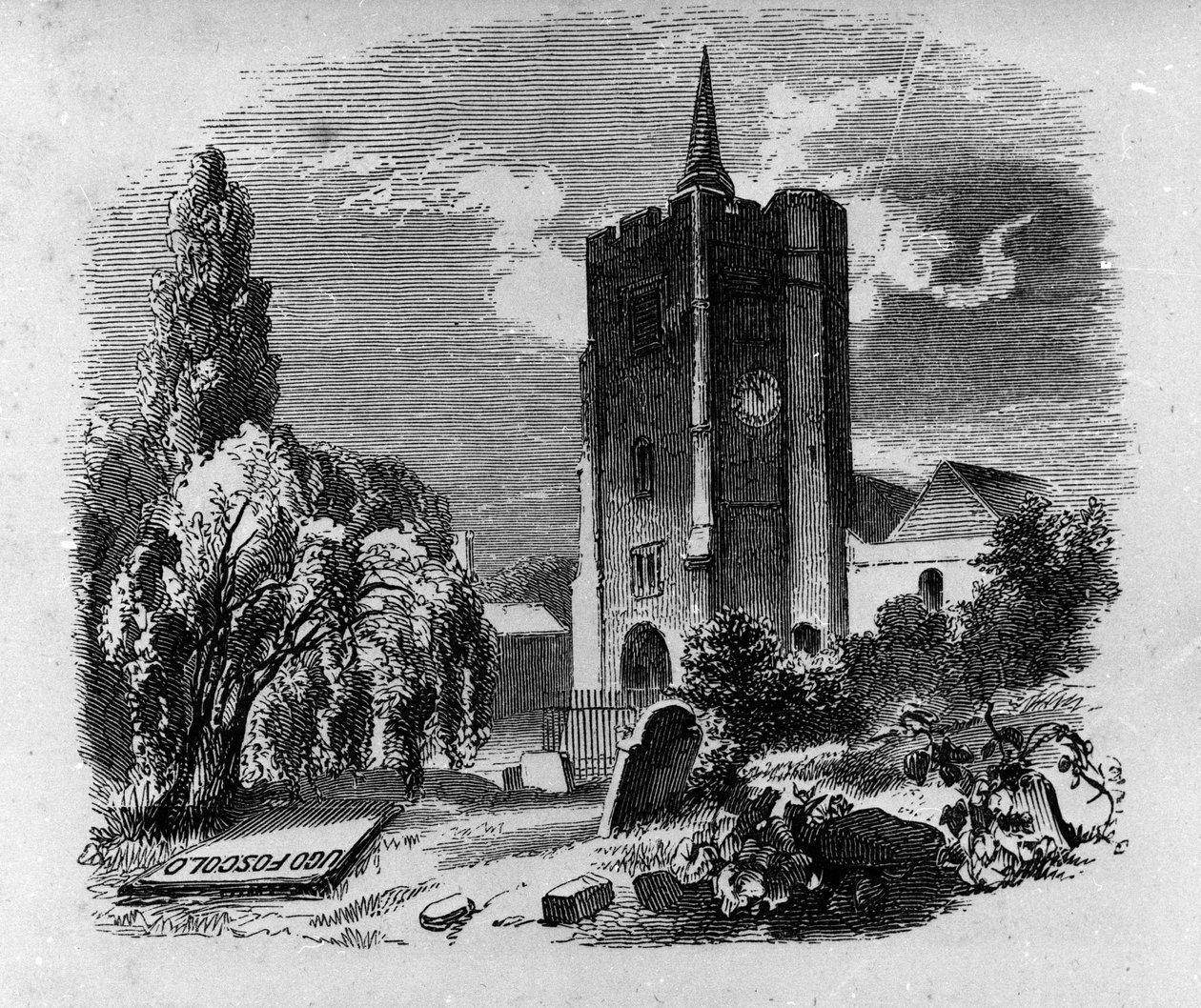 View of the tomb of Italian poet and playwright Ugo Foscolo (1778-1827) at the cemetery of Chiswick in London. Engraving of the 19th century. by Unknown artist