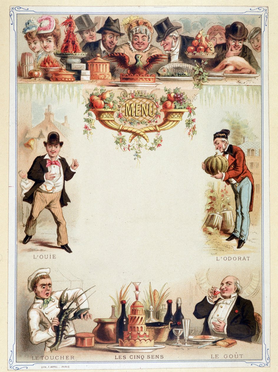 Virgin menu, illustrates the five senses - chromolithography, late 19th century by Unknown artist
