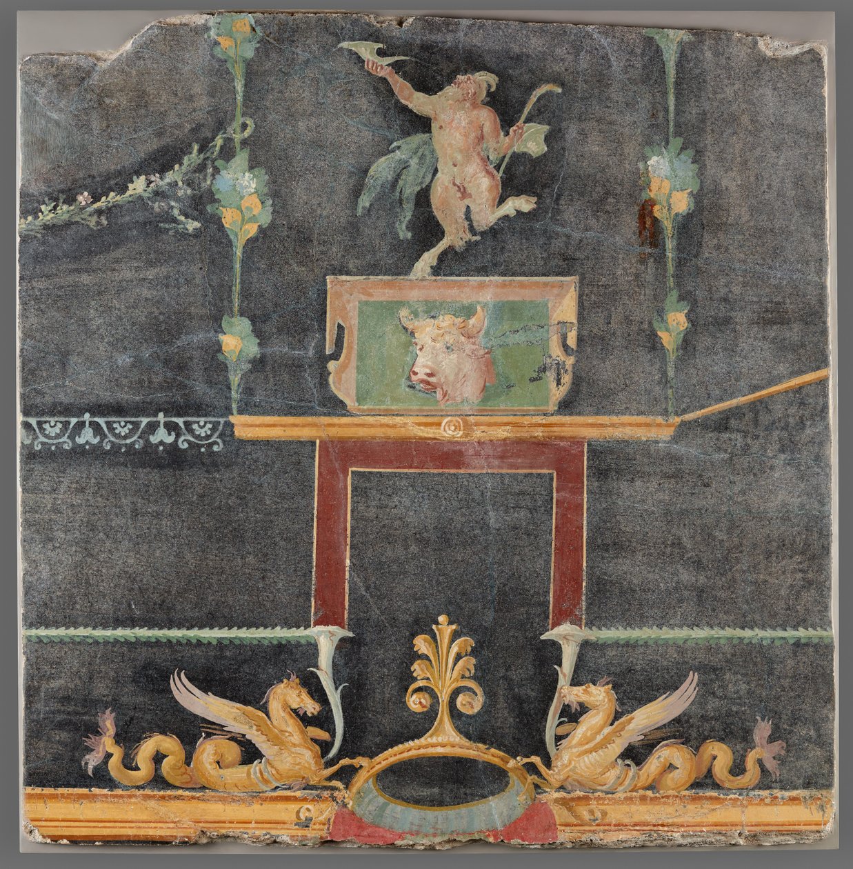 Wall Fragment with Dancing Satyr, Hippocamps, and other Decorative Motifs on Black Ground by Unknown artist
