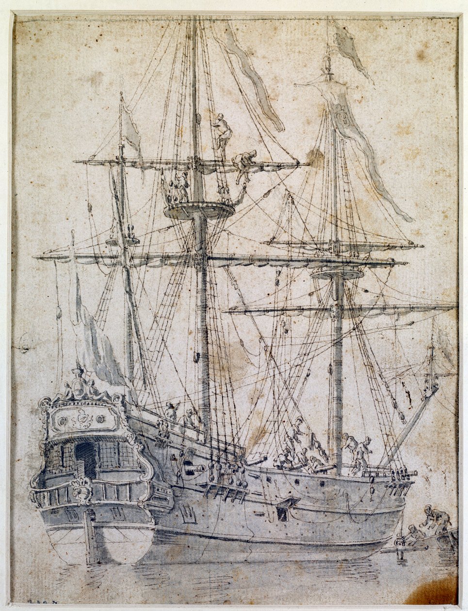 Warship: 18th century ink wash. Paris, decorative arts by Unknown artist