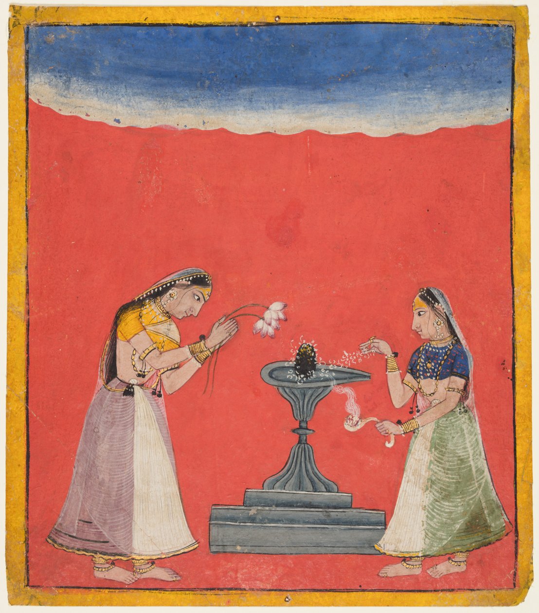 Women Worshipping a Shiva Linga: Devagandhari Ragini of Hindol, from a Chamba Ragamala by Unknown artist