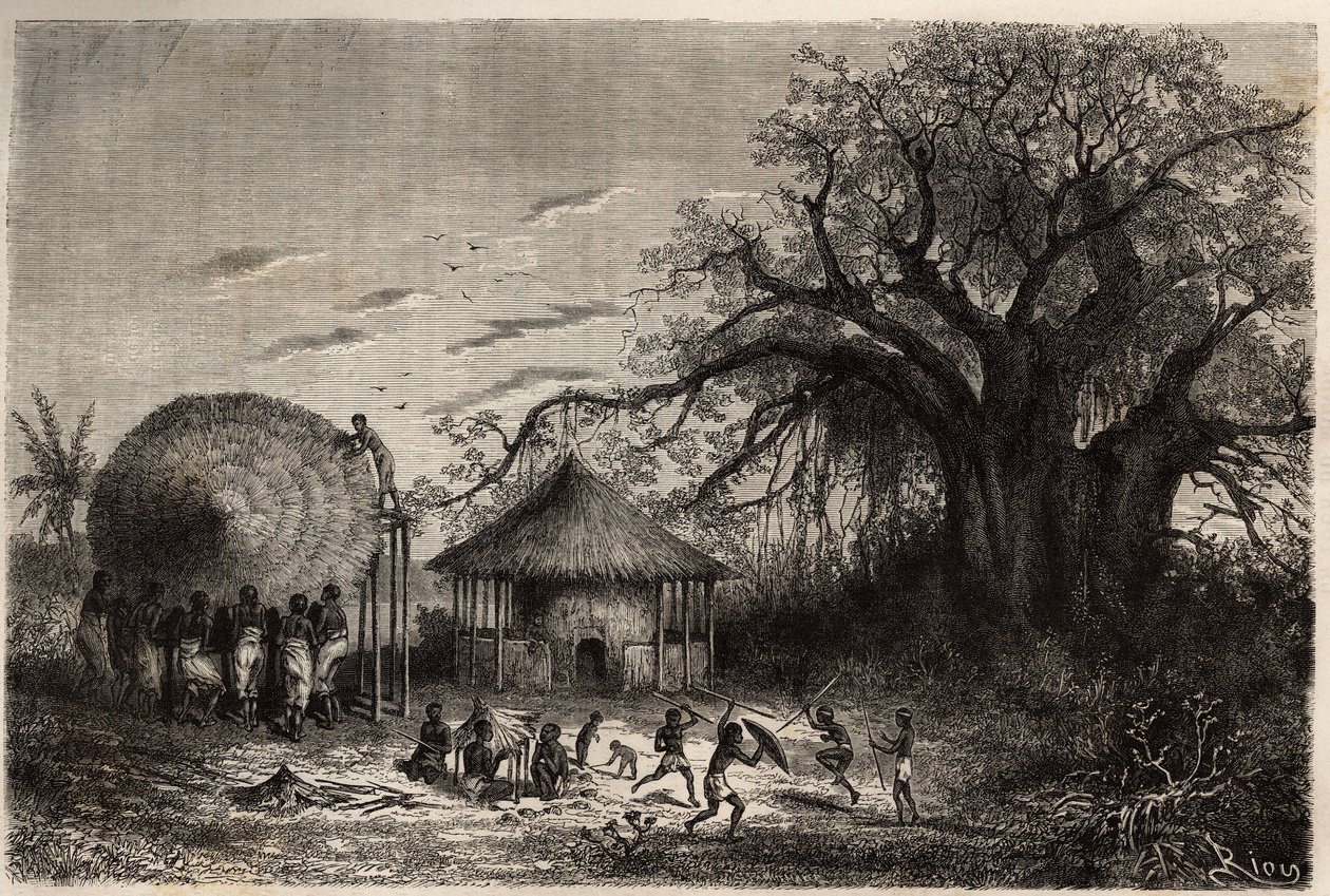 Women from the edges of Zambezi waving huts and in the foreground, children