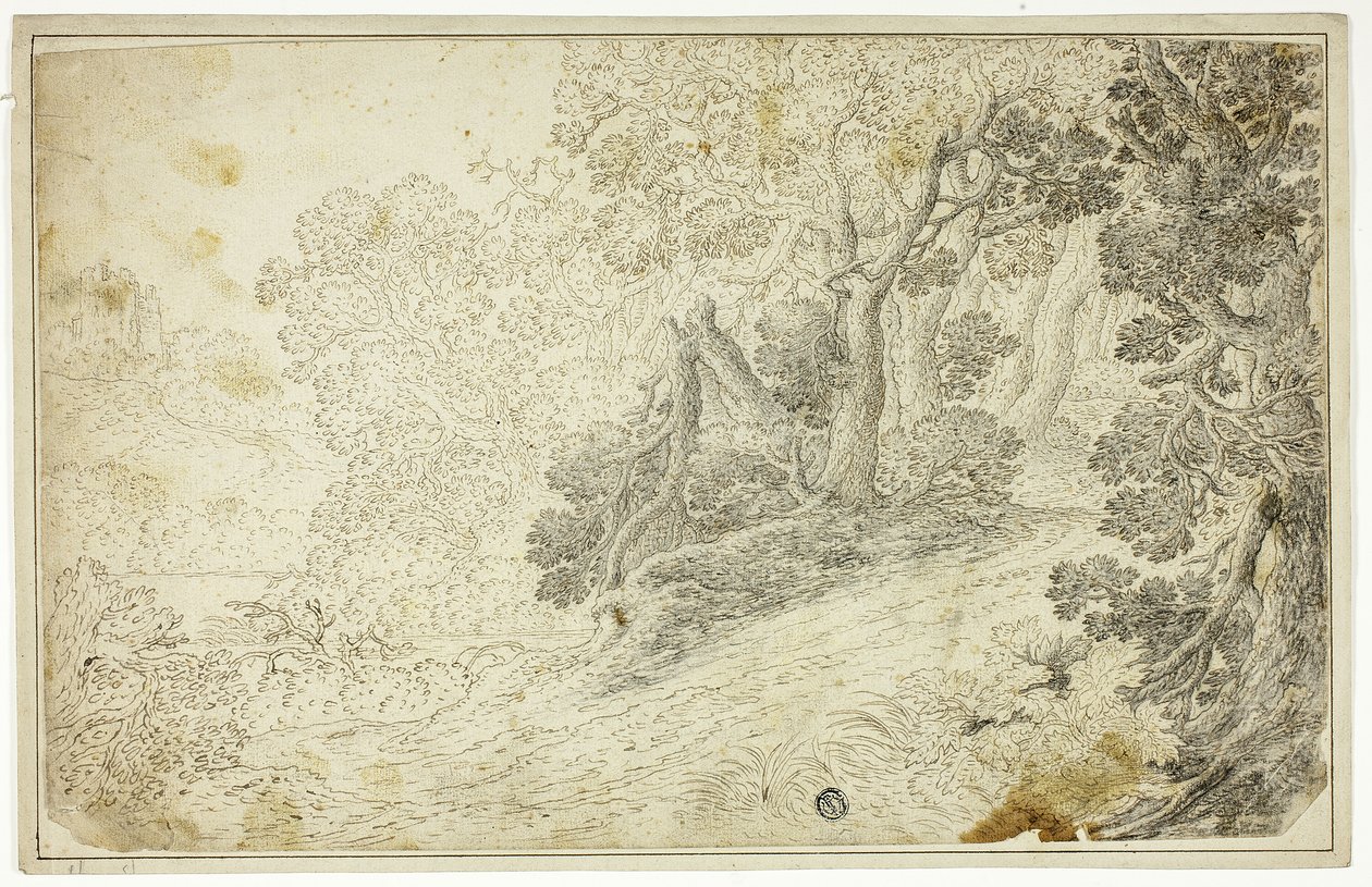Wooded River Landscape with View of Castle by Unknown artist