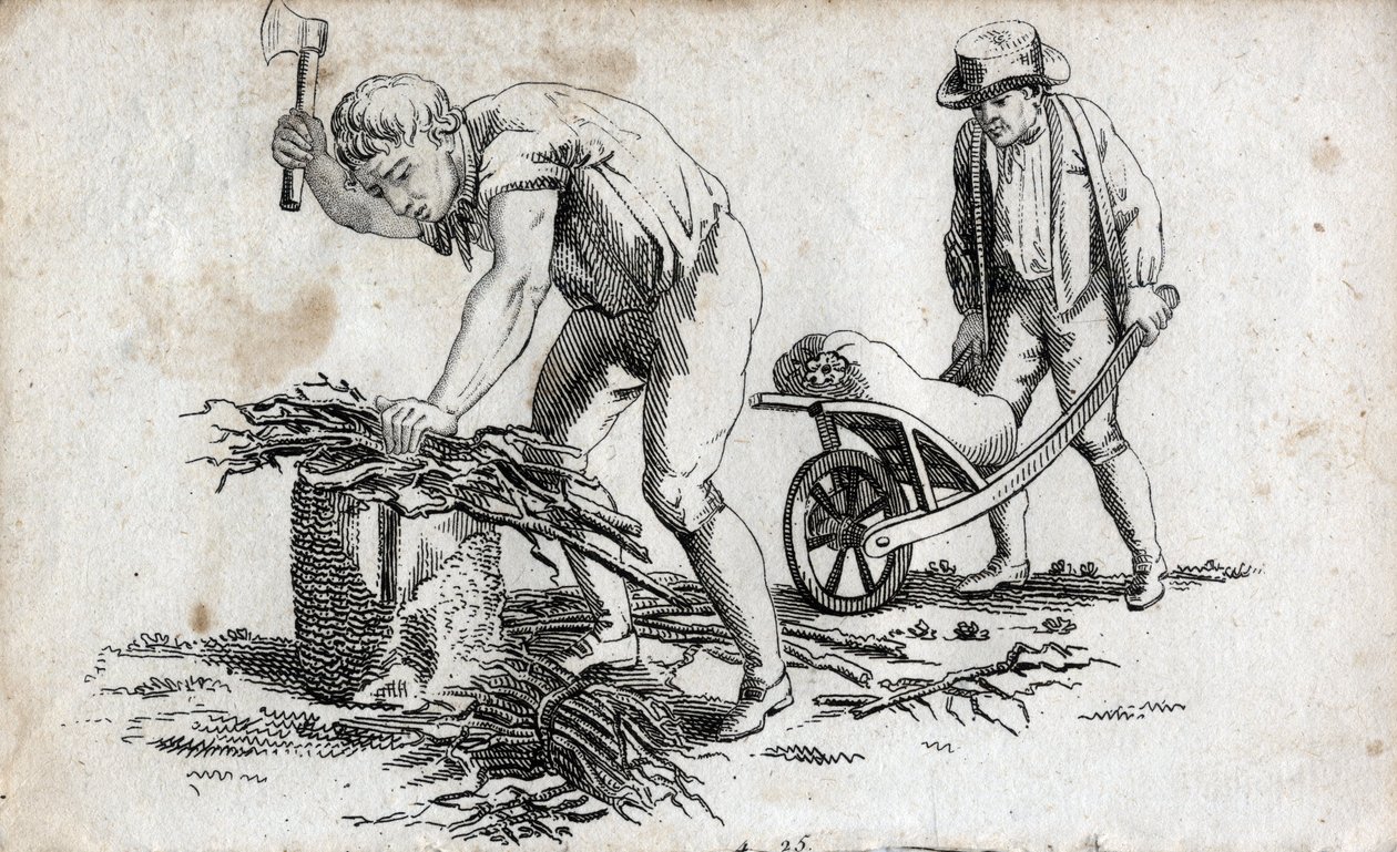 Woodmen making bundles of wood and man carrying bundles on a wheelbarrow by Unknown artist