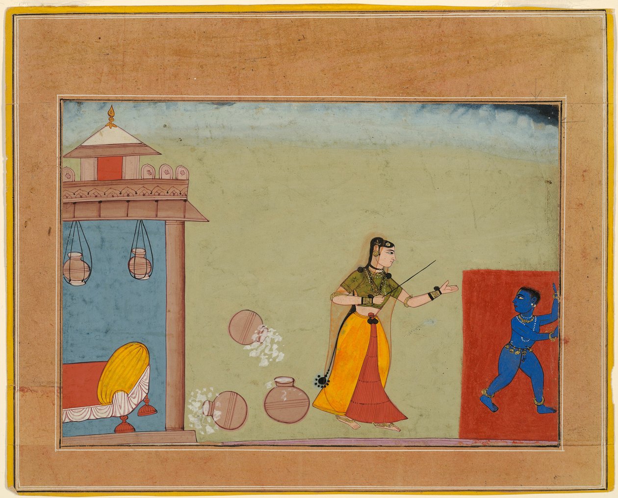 Yashoda Chastises Her Foster Son, the Youthful Krishna, page from a manuscript of the Bhagavata Purana by Unknown artist