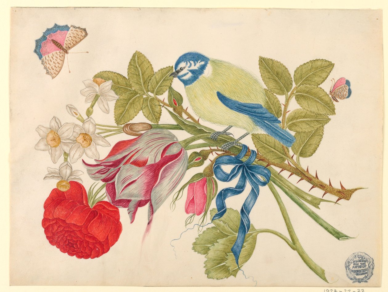 Yellow-and-Blue Bird on Bouquet with Rose, Tulips, and Daffodils, with Butterflies by Unknown artist