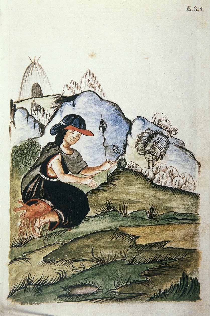 Young Indian Shepherdess Woman Giving Birth in Nature, from the Book 