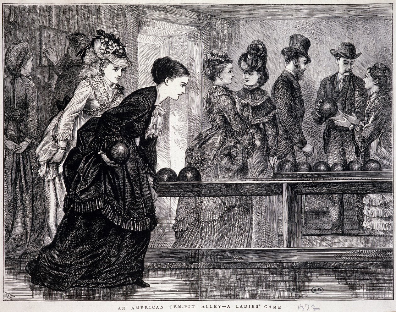 Young women playing bowling, in the United States, circa 1870 - engraving by Unknown artist