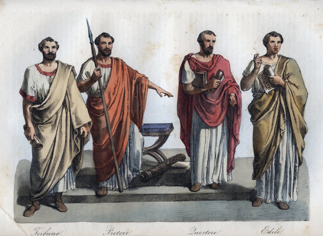 Magistrates of ancient Rome - Tribune - Praetor - Quaestors - Aediles (engraving from 