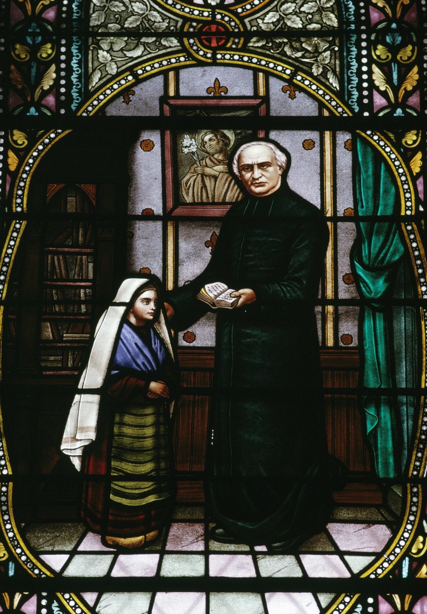 Bernadette and Abbe Peyramale, Stained Glass in Lourdes Parish Church, Languedoc-Roussillon-Midi-Pyrenees, France, 20th Century by Unknown photographer