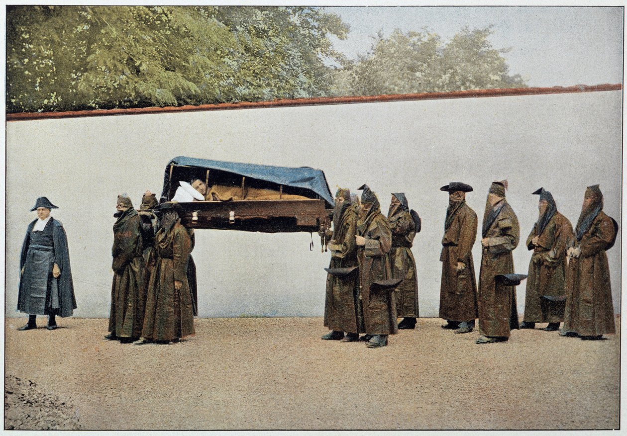 Brothers of a charitable jam carrying a sick person to the hospital, Italy, late 19th century by Unknown photographer