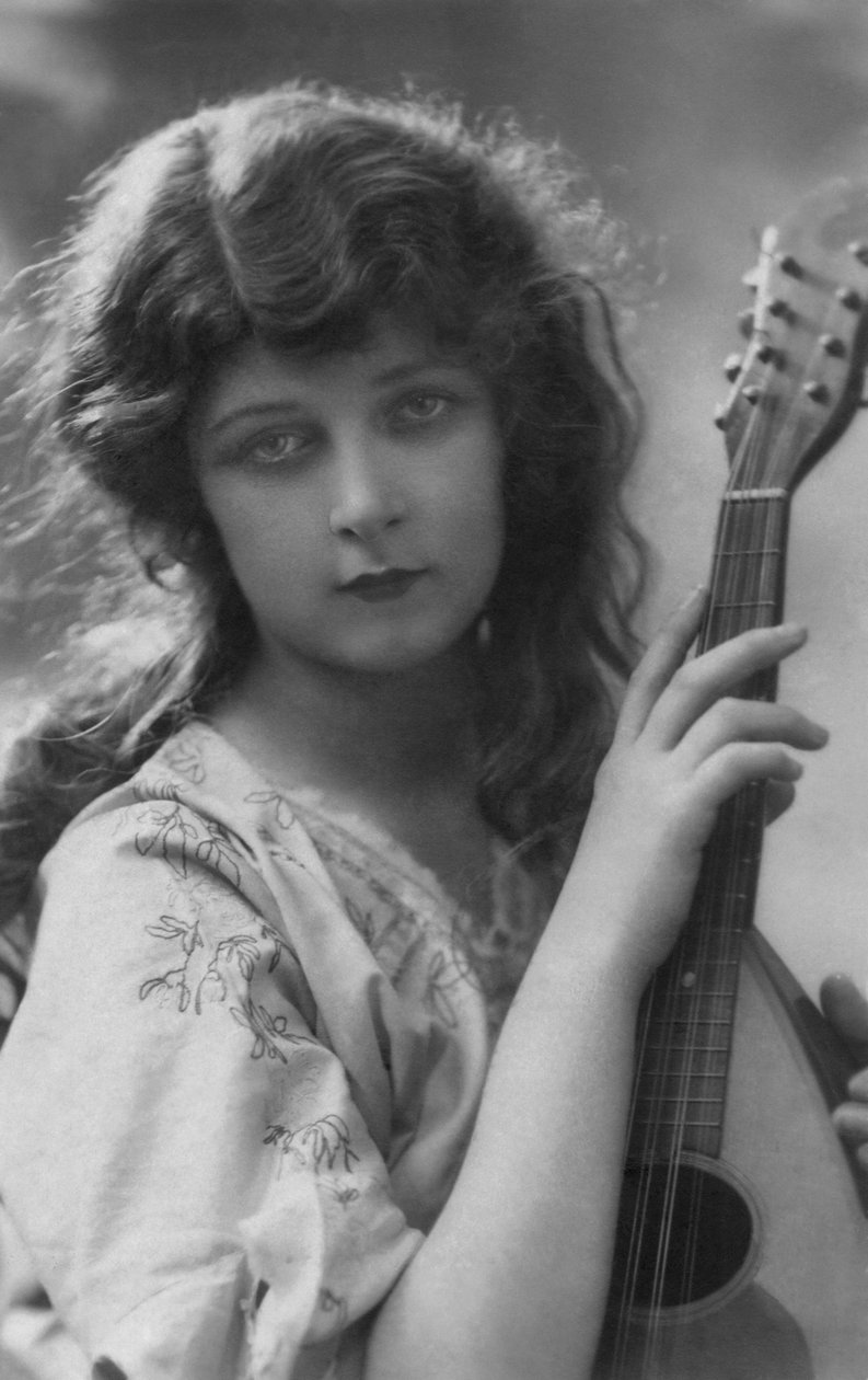 French Postcard of a Beautiful Young Woman with Neapolitan Style Mandolin, circa 1912 by Unknown photographer