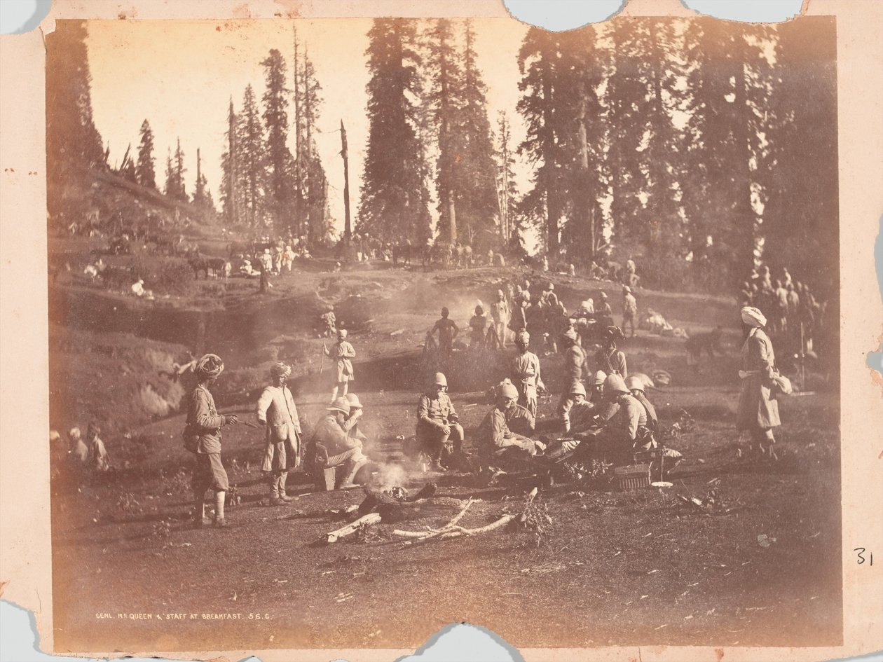 General McQueen and staff at breakfast, Black Mountain expedition by Unknown photographer