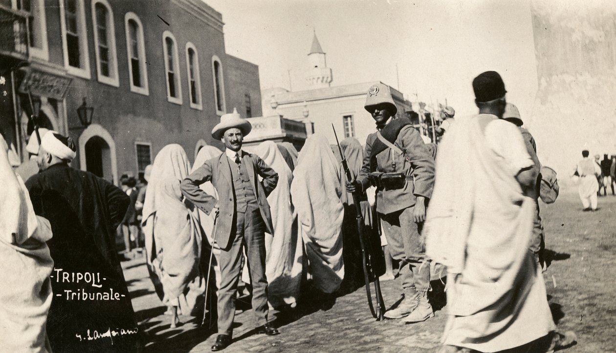 Italo Turkish War, Tripolitania, people and soldiers before the court by Unknown photographer