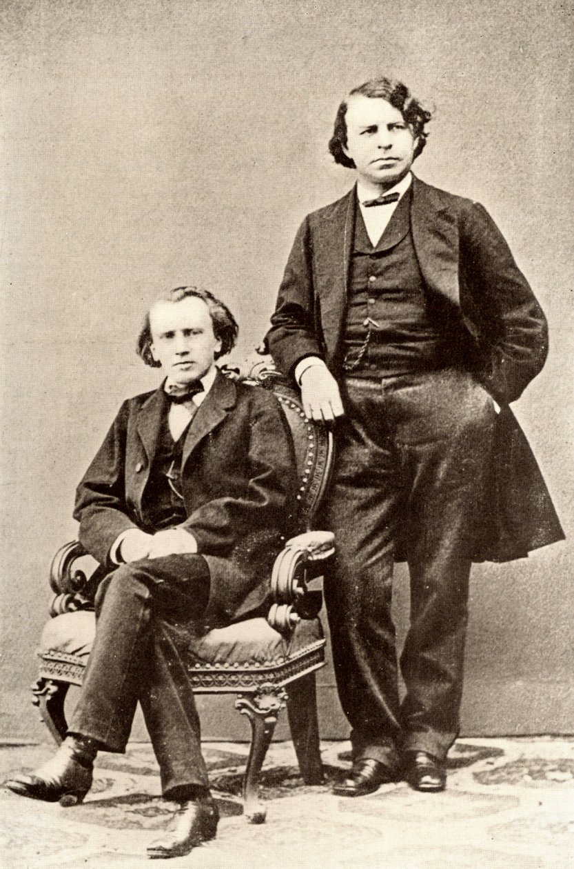Johannes Brahms (1833-1897) German composer, seated, with Joseph Joachim (1831-1907) Hungarian violinist and composer, and director of the Berlin Conservatory by Unknown photographer