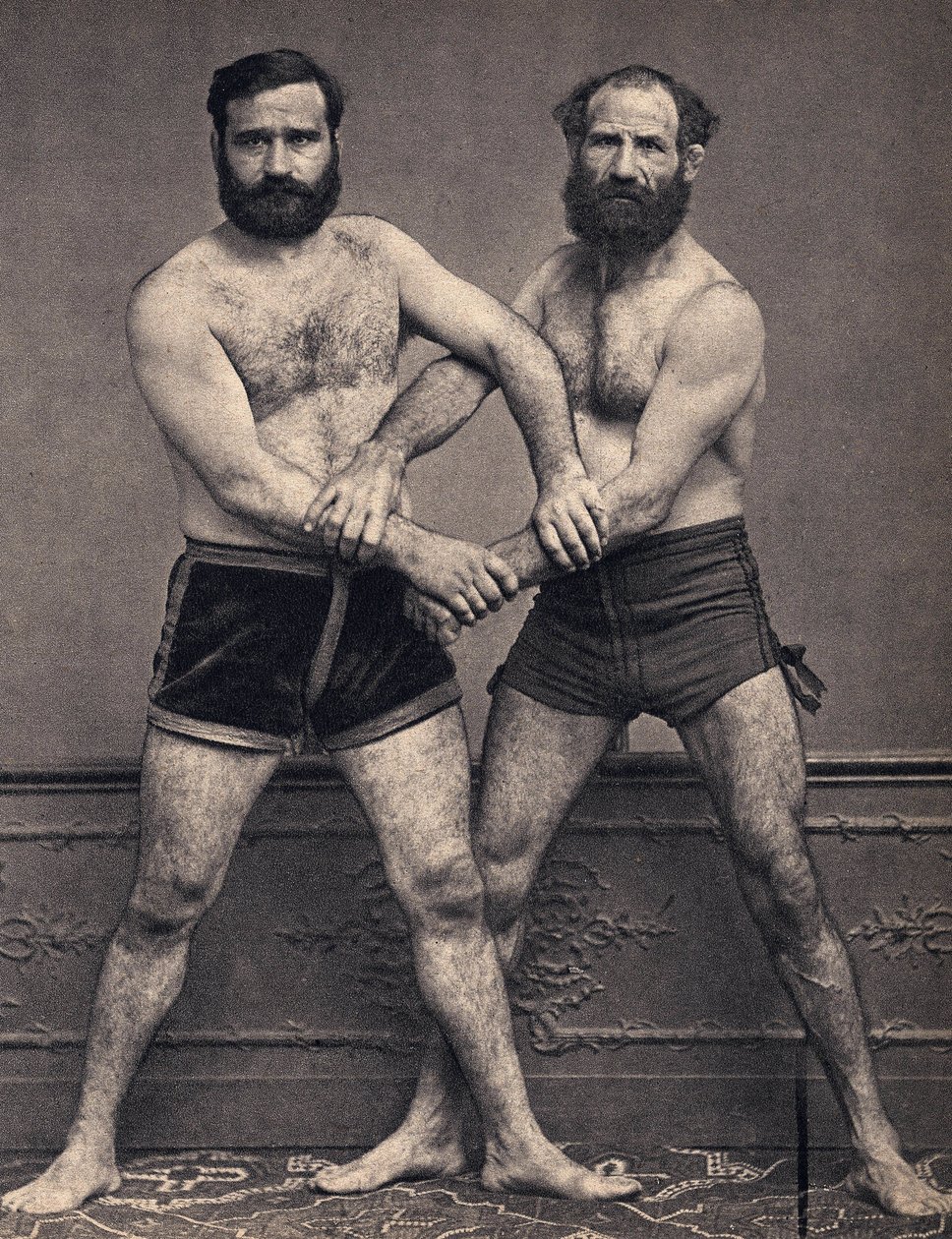 Portrait of the Marseille brothers in wrestler. Photography, late 19th century, Paris. Coll. Selva by Unknown photographer