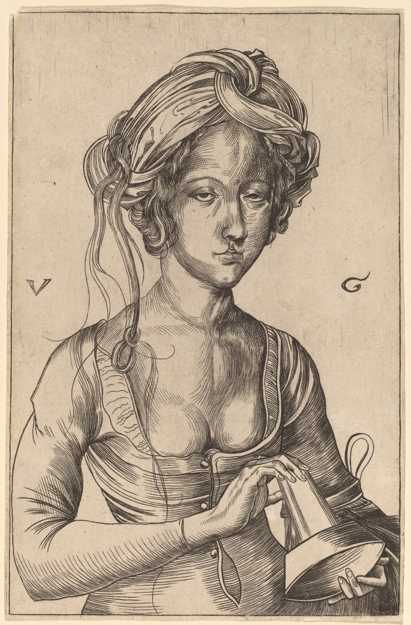 A Bust Figure of a Foolish Virgin Holding Her Inverted Lamp by Urs Graf I after Martin Schongauer