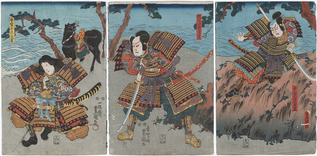 Actors Nakayama Bungoro II as Hirayama Mushadokoro Sueshige, Ichimura Takenojo V as Kumagai Jiro Naozane, and Bando Shuka I as Mukan tayu Atsumori by Utagawa Kunisada