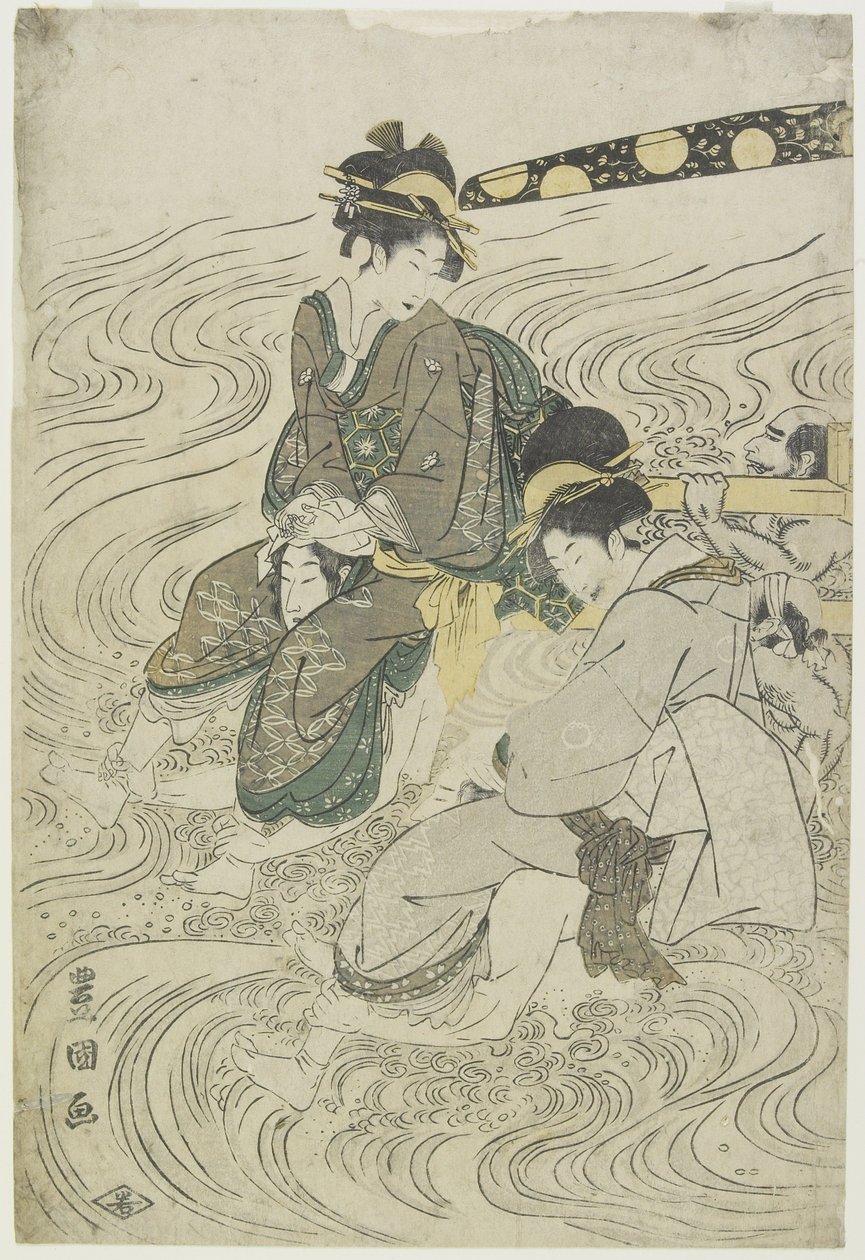 Two Women Crossing a River on the Shoulders of Coolies by Utagawa Toyokuni
