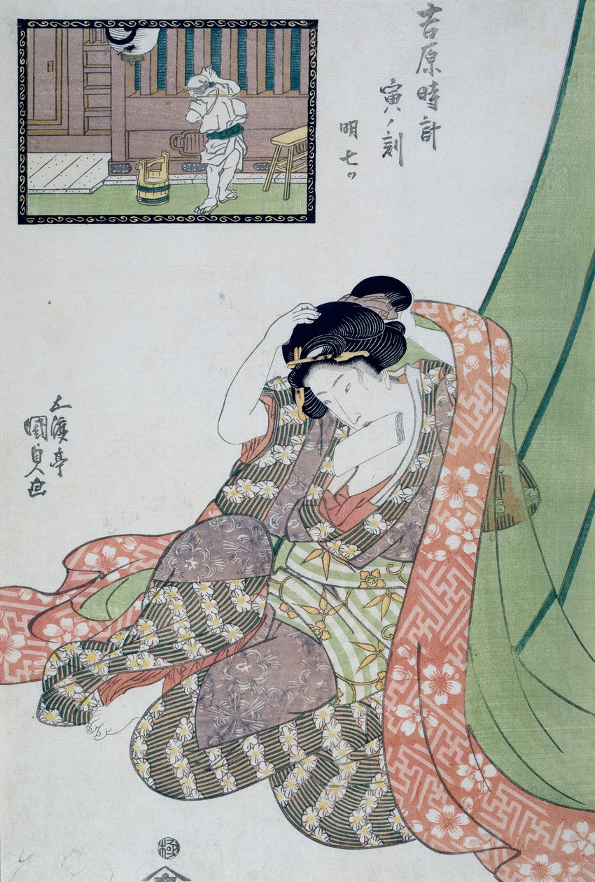 Hour of dragon, Fifth to seventh hour of morning, Ca 1818, Ukiyo-e art print by Utagawa Kunisada from The twelve hours in Yoshiwara by Utagawa Kunisada