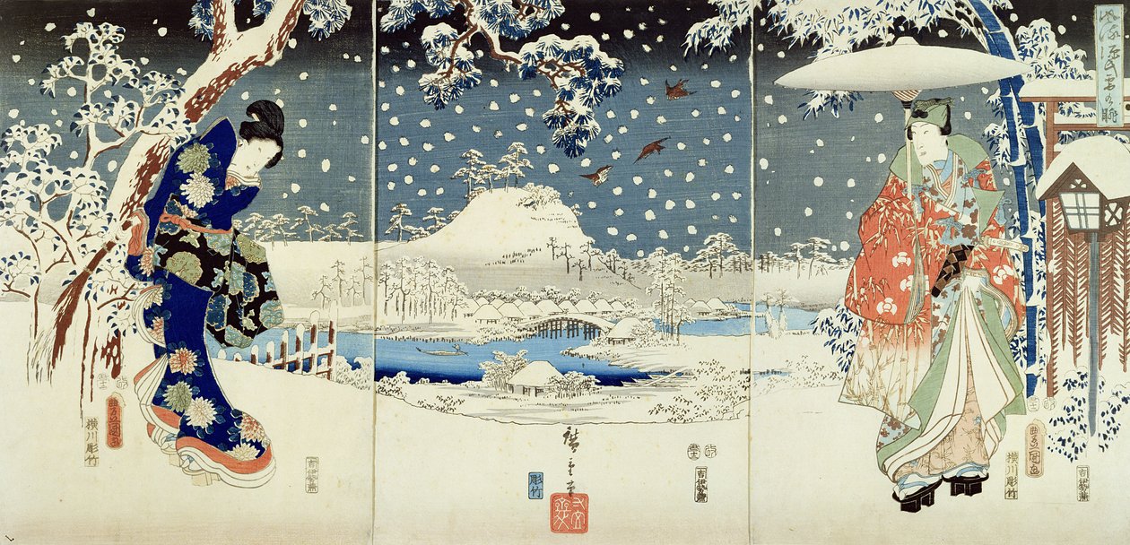 Snow Scene in the Garden of a Daimyo by Utagawa  Hiroshige and Kunisada