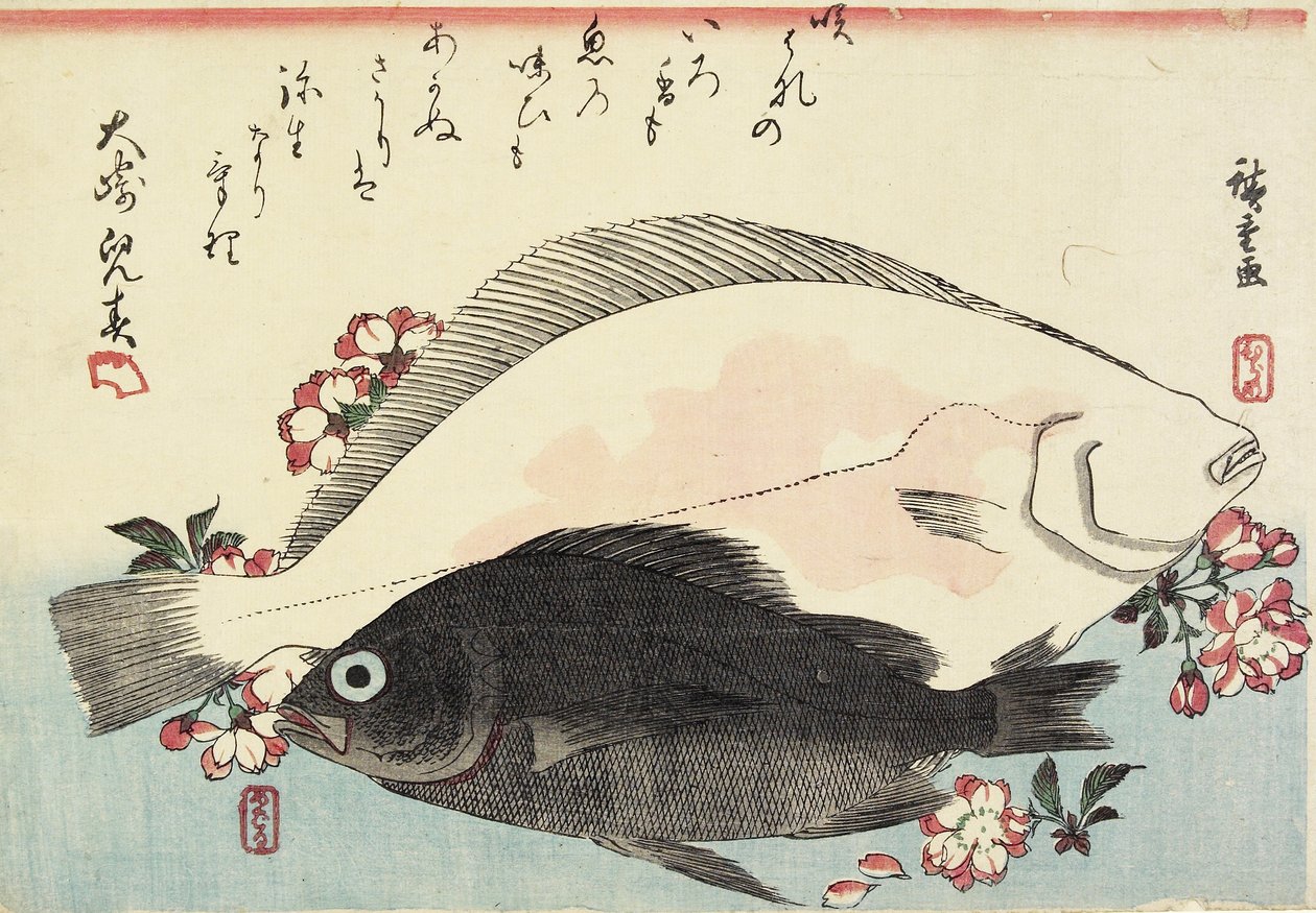 Fluke and Black Bass, Cherry Blossoms by Utagawa Hiroshige