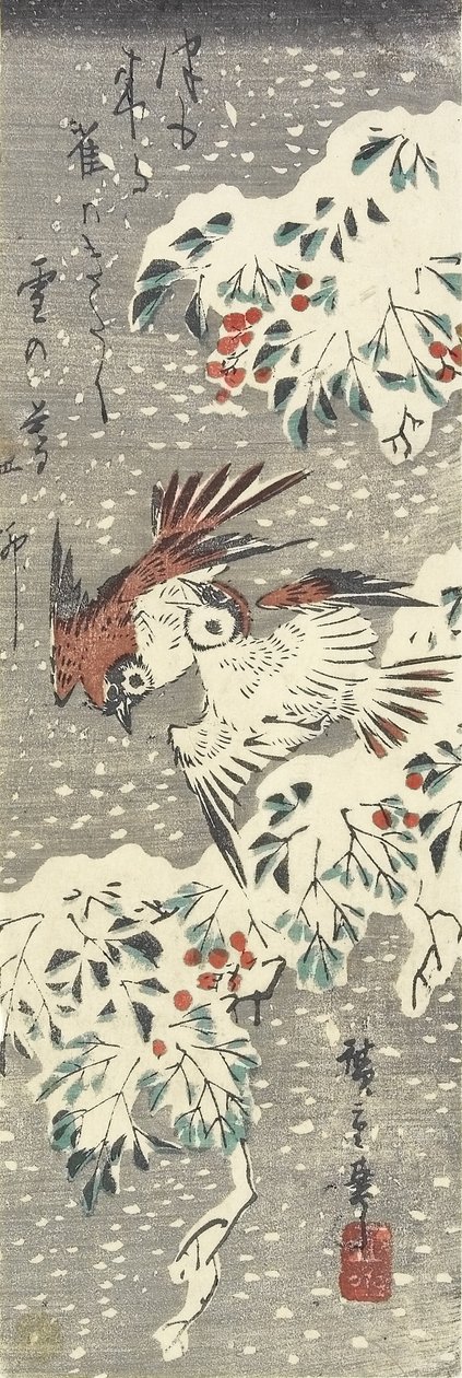 Heavenly Bamboo and Sparrows in Snow by Utagawa Hiroshige