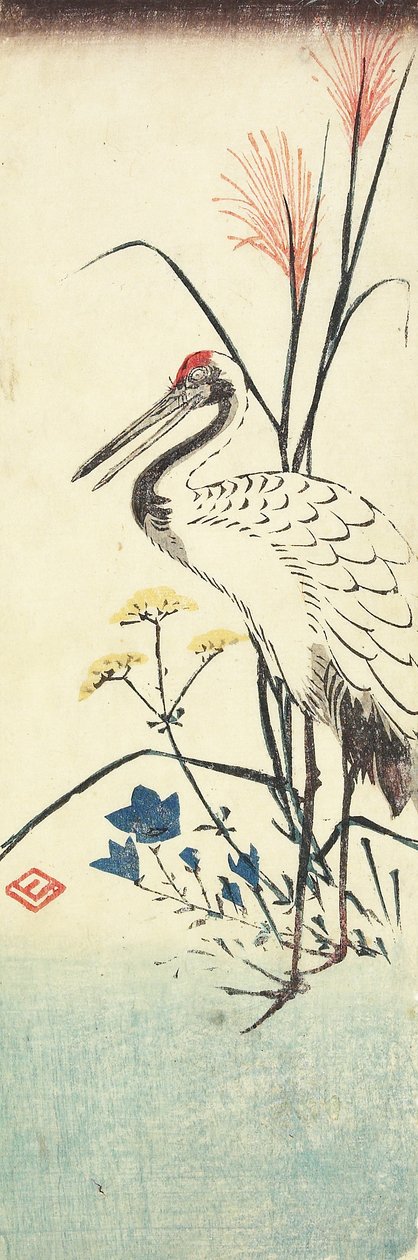 Pampas Grass, Patrinia, Chinese Bellflower and a Crane, 1830-1858 by Utagawa Hiroshige