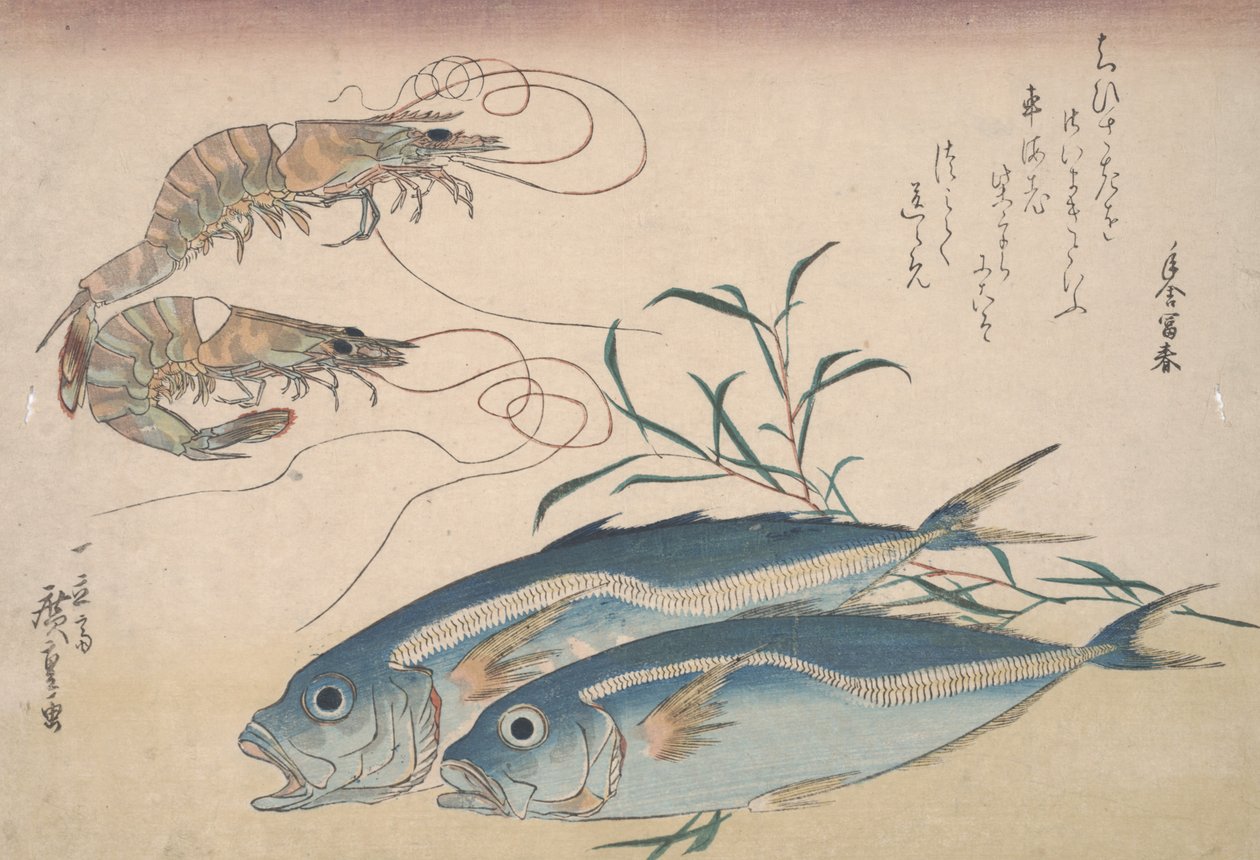 Horse Mackerel, Freshwater Prawns, and Seaweed, c.1832 by Utagawa Hiroshige