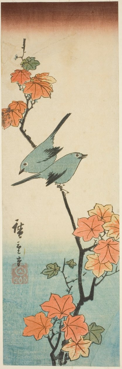 Japanese White-Eyes on a Maple Branch by Utagawa Hiroshige